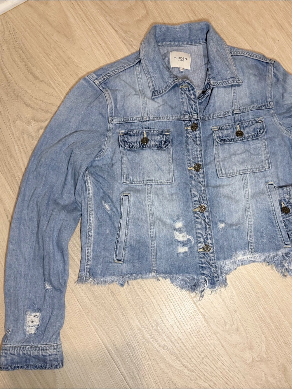 Hidden Light Wash Distressed Denim Jacket